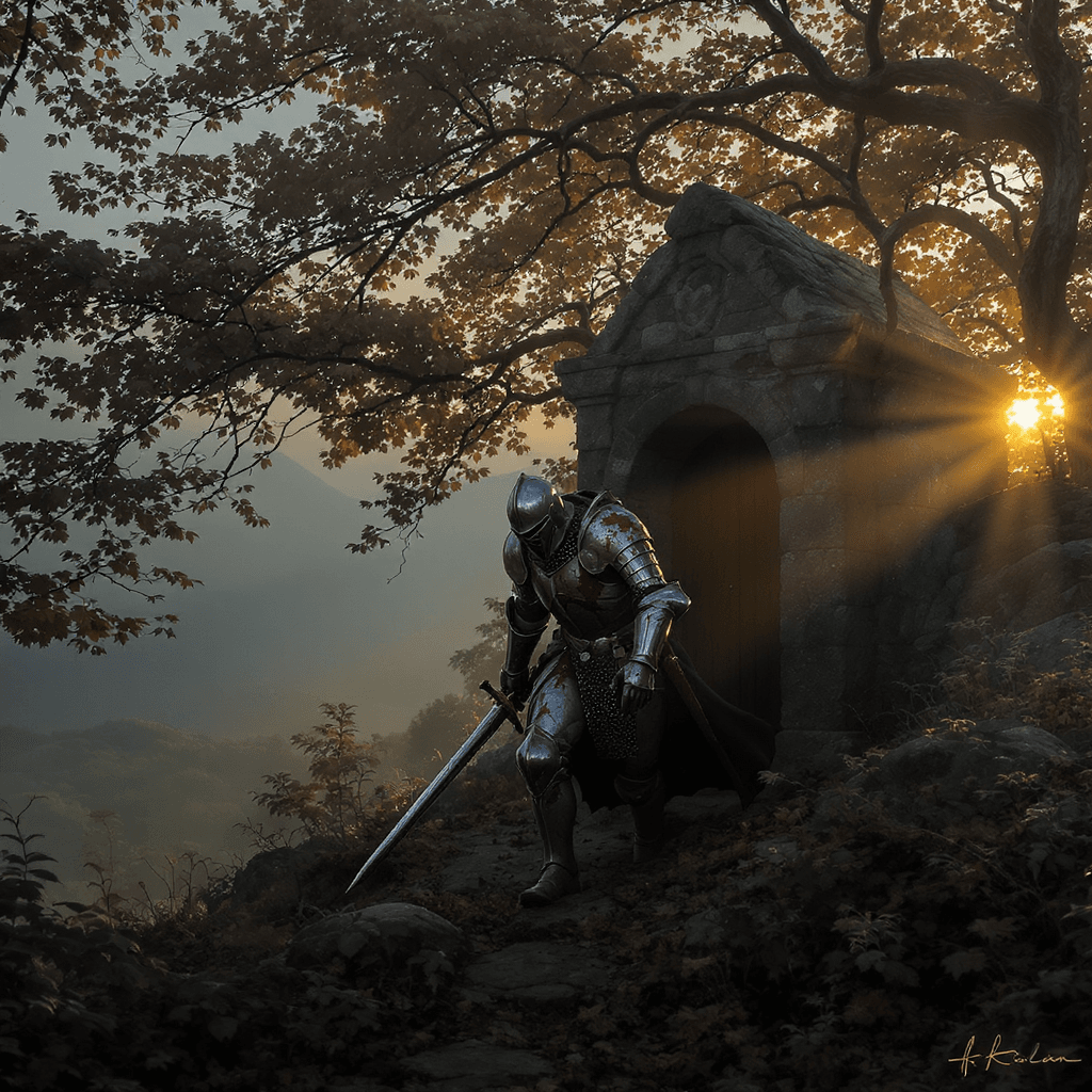 AI generated: A medieval knight, Sir Kaelen, in damaged and bloody armor, limps across a small hilltop in front of...