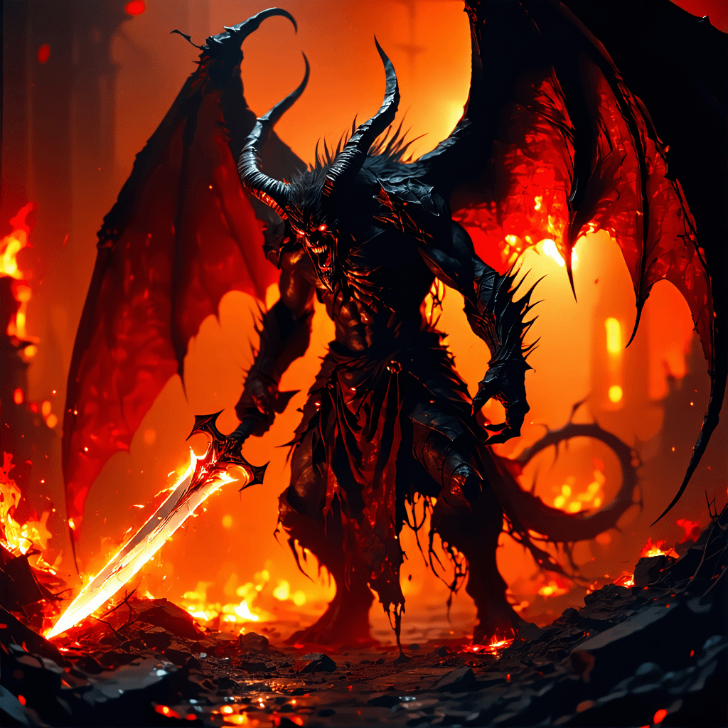 AI generated: erotic demon,very angry ,glowing eyes,with a sword,in hell,wings