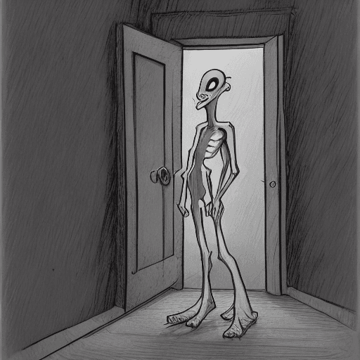 AI generated: Pencil image, comic style, an alien, without clothes, high gray, thin, very tall, standing in front ...