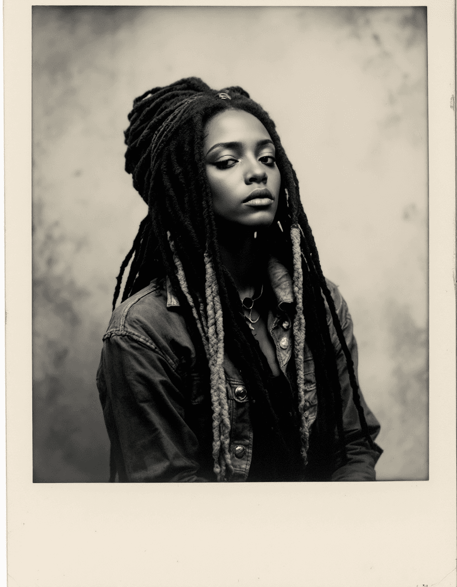 AI generated: Reggae girl, old polaroid photo, medieval, sad mood, b&w