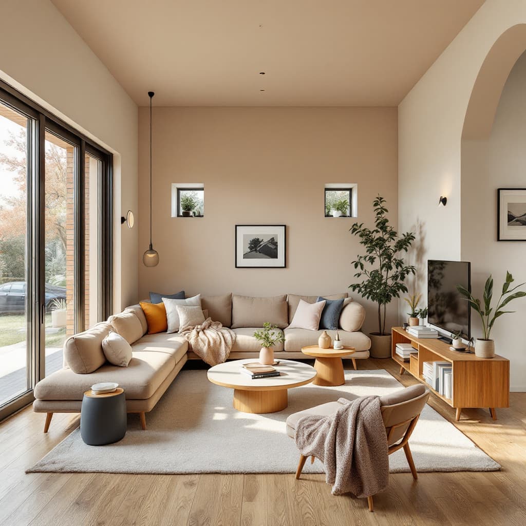 AI generated: High resolution photography interior design, dreamy sunken living room conversation pit, wooden floo...