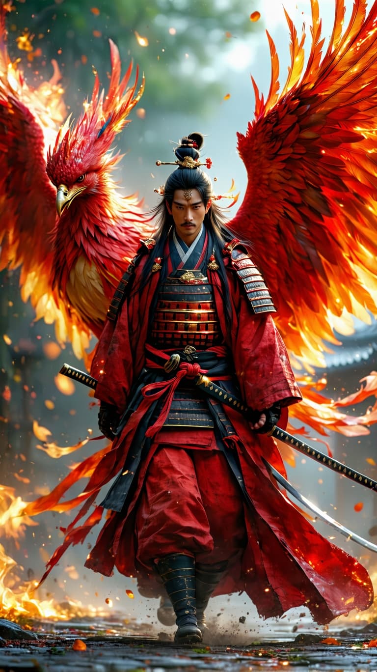 AI generated: An ultra-realistic, zoomed out, front facing, full-body portrait of a regal young Japanese samurai w...