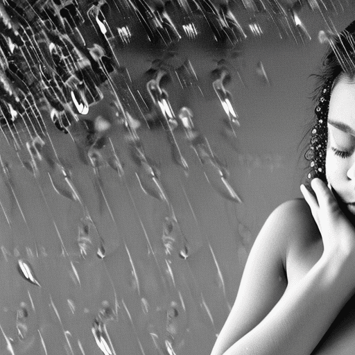AI generated: 3/4 shot, black and white photograph, a (busty:1.1) naked woman covering her chest with her hands, e...