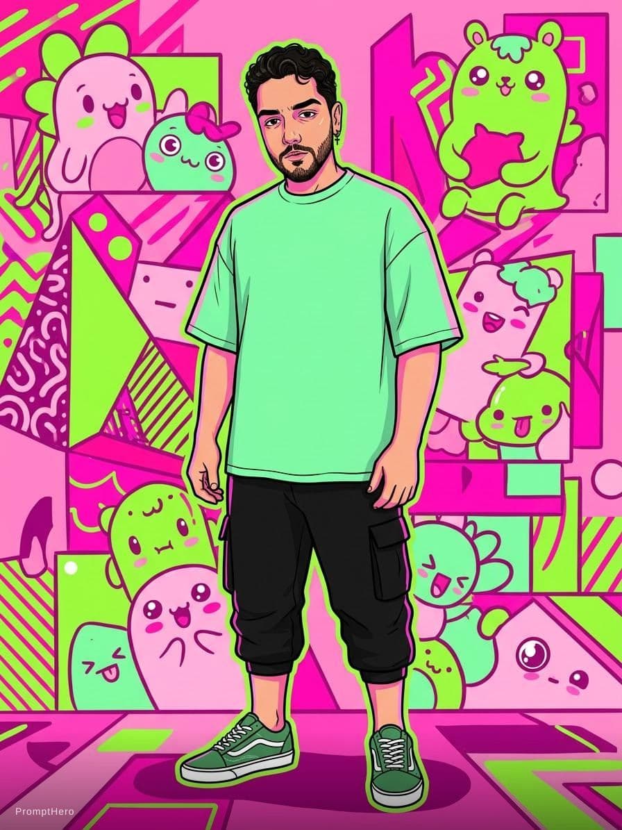 AI generated: creative illustration art, full-body of an man, wearing a mint green color over-fit T-shirt and blac...
