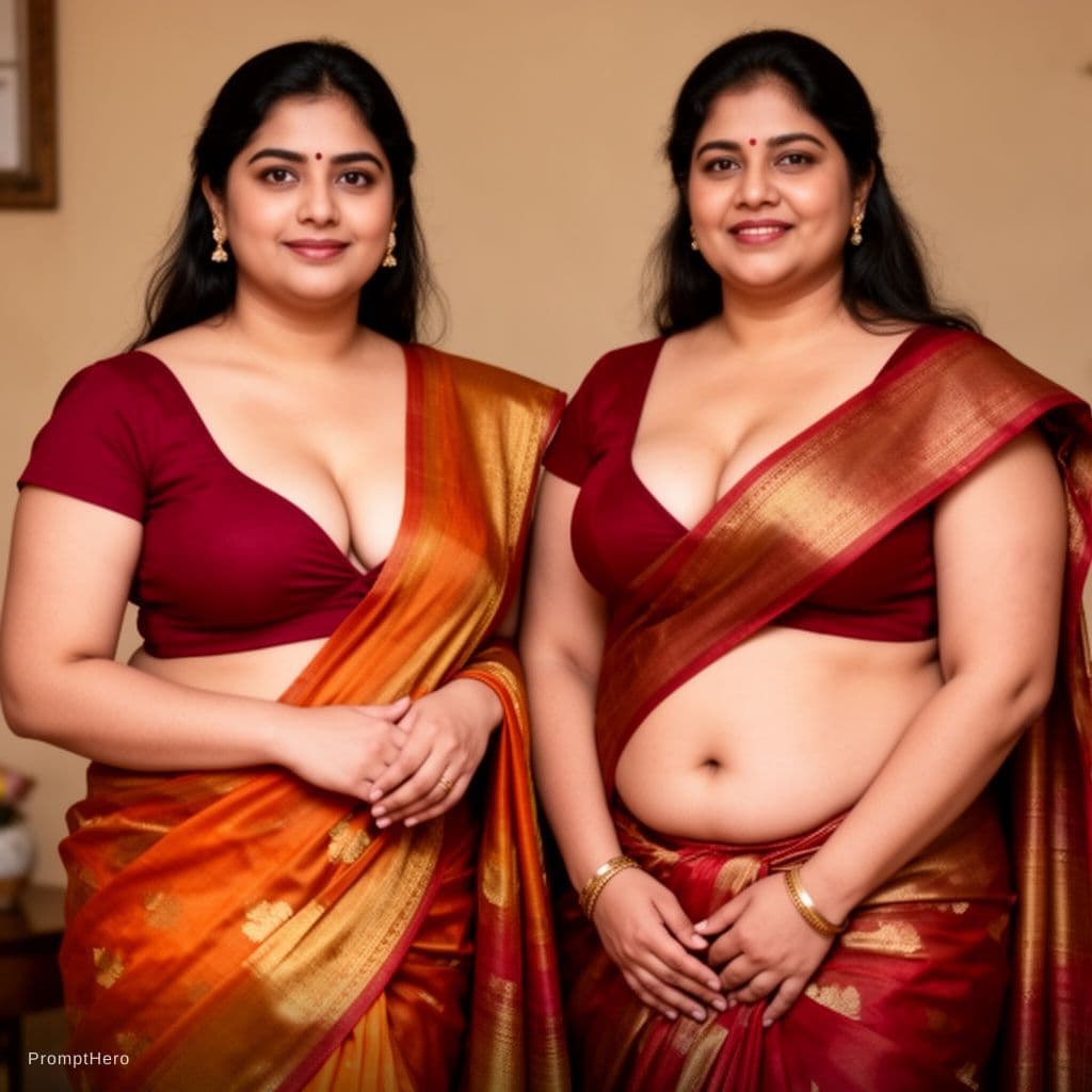 AI generated: A 24 year fair ,chubby ,  indian girl wearing only a deep neck blouse with saree and holding pallu w...