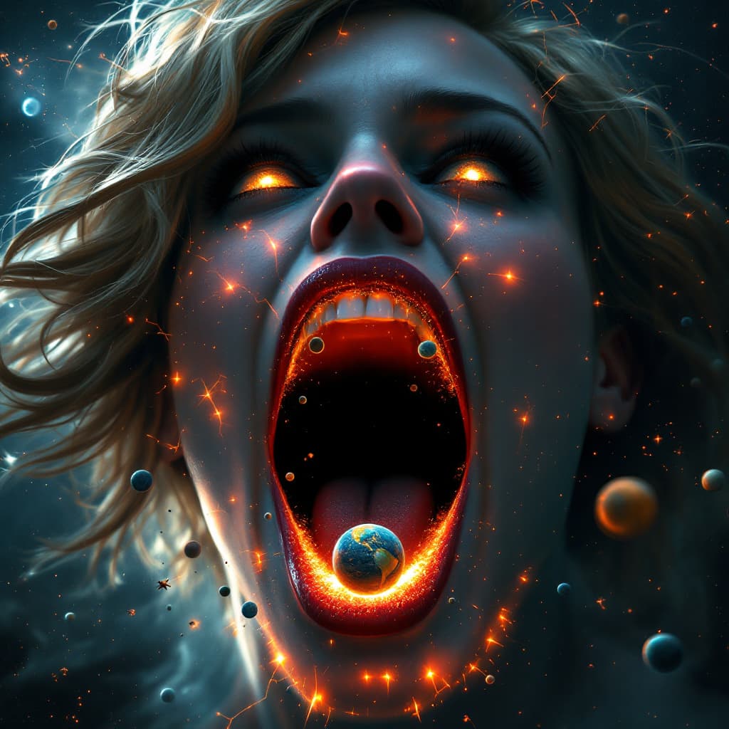 AI generated: enormous giantess captain marvel brie larson
bigger than a galaxy floating in space, minuscule plane...