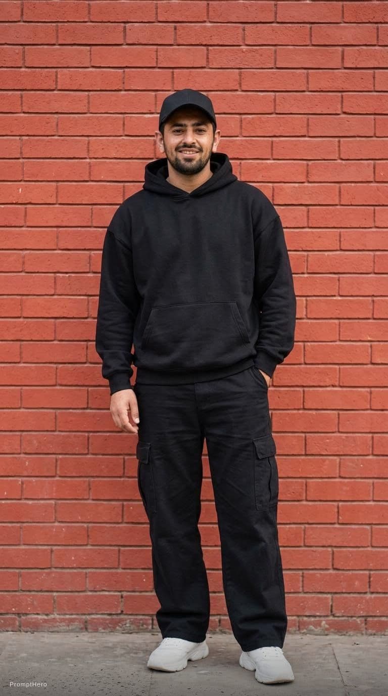 AI generated: capturing a casual yet stylish vibe, a figure in a loose, oversized black street wearing and wide-le...