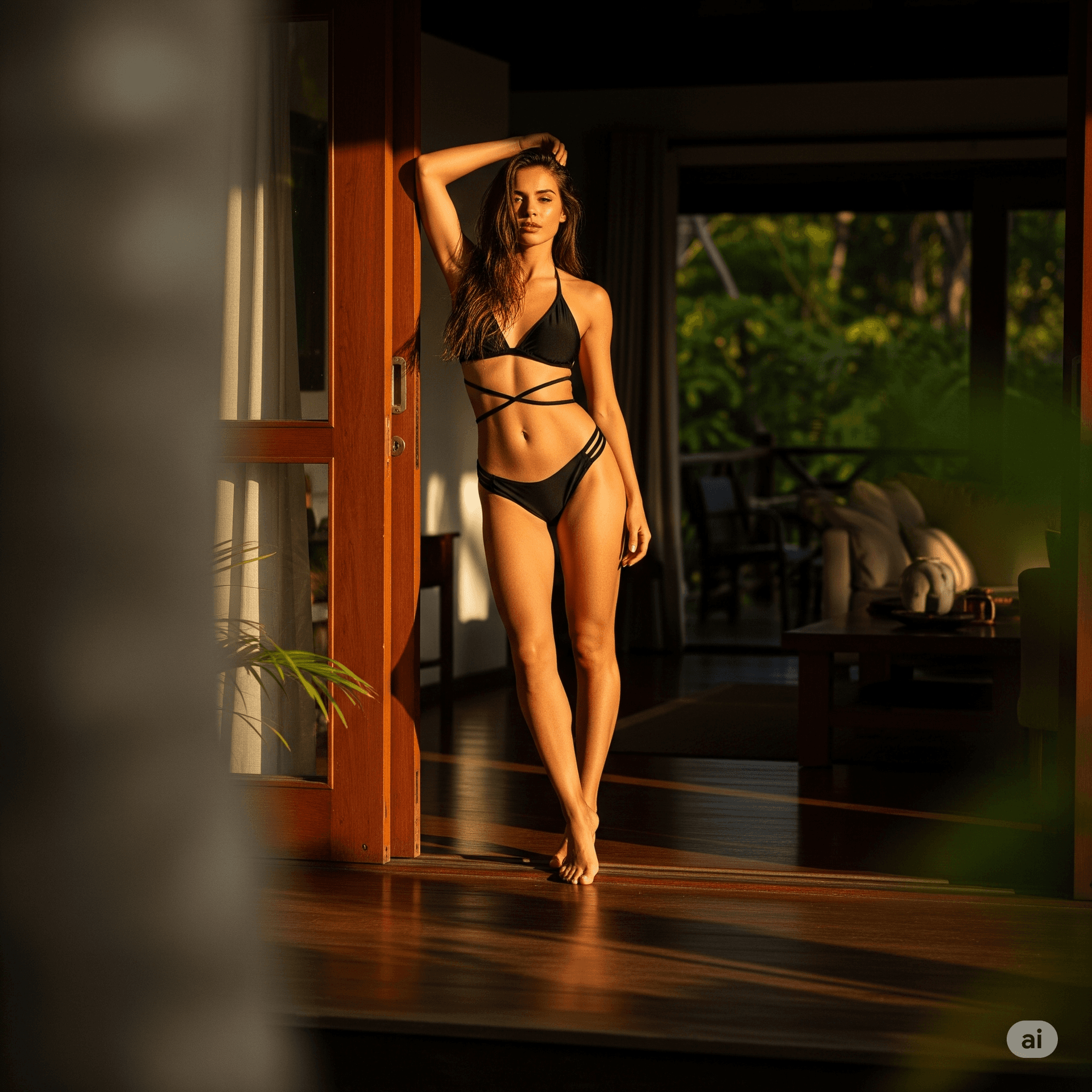 AI generated: A cinematic shot of a beautiful woman with long brown hair, wearing a stylish black bikini, standing...