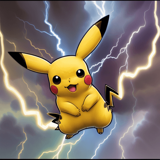 AI generated: Drawing of pikachu pokemon, Alfons Mucha style, lightning, thunedrstorm, 