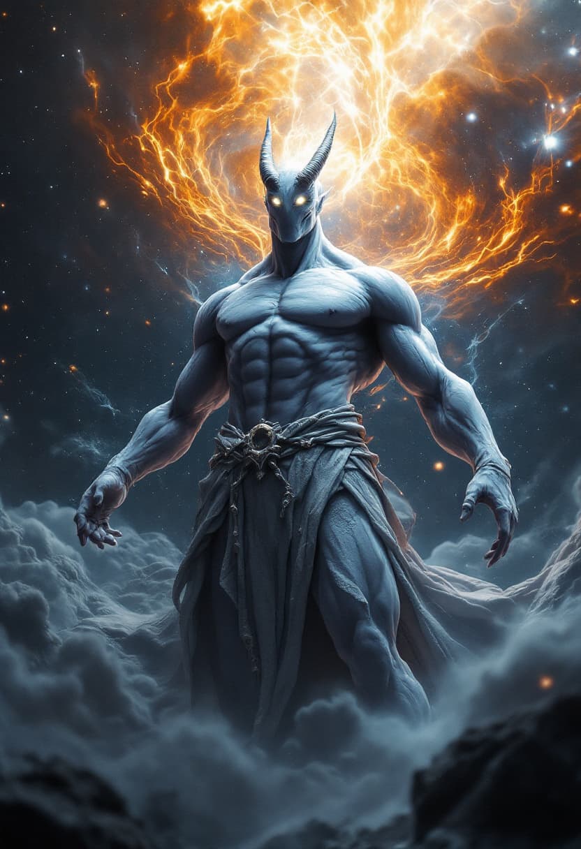 AI generated: God of the Sound, full-body, No Hair or mouth, Etherial, muscular, Glowing Grey eyes, epic, cinemati...