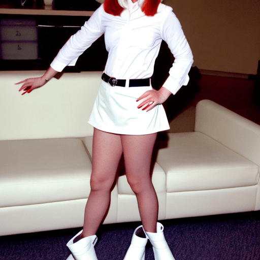 AI generated: Allyson Hannigan wearing white kneesocks, white Shirt, her shirt is much to small, white miniskirt, ...