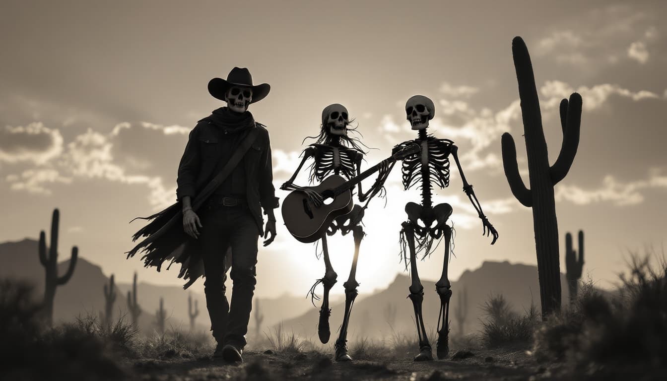 AI generated: Hola, quiero la siguiente imagen: Un hombre junto a dos calaveras caminando de espaldas en el desier...