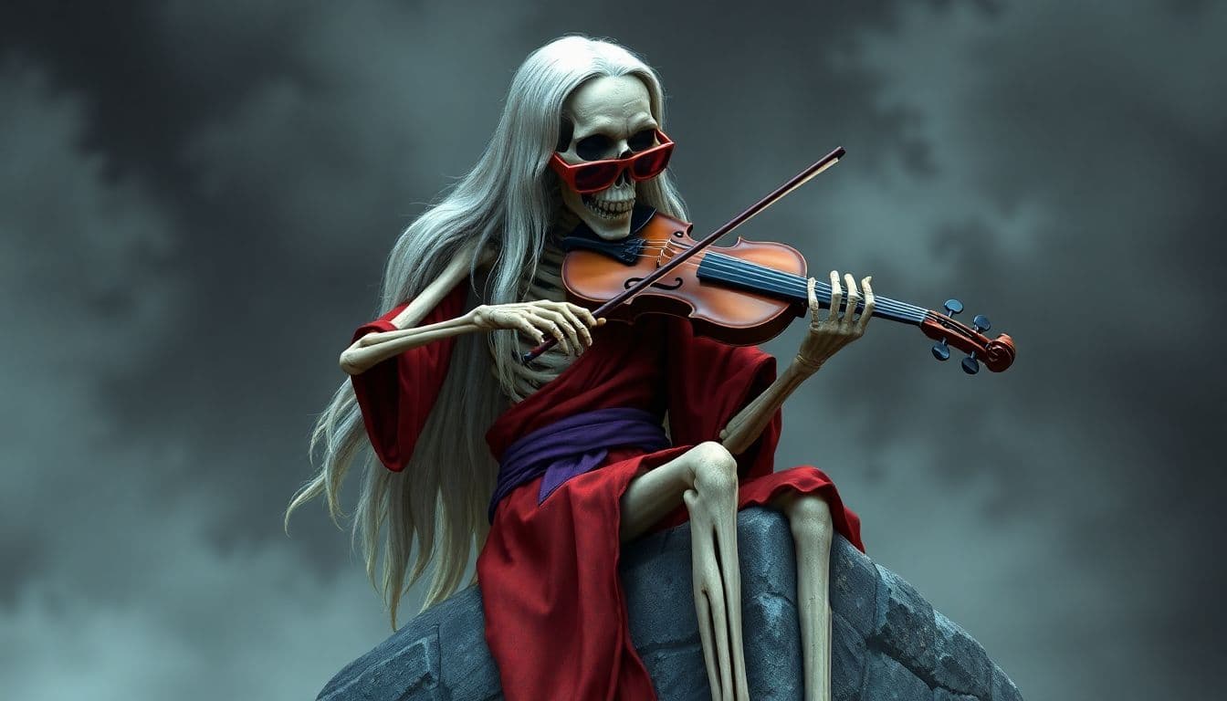 AI generated: a skeleton with long, white hair, wearing a red robe with a purple sash around its waist, and red su...