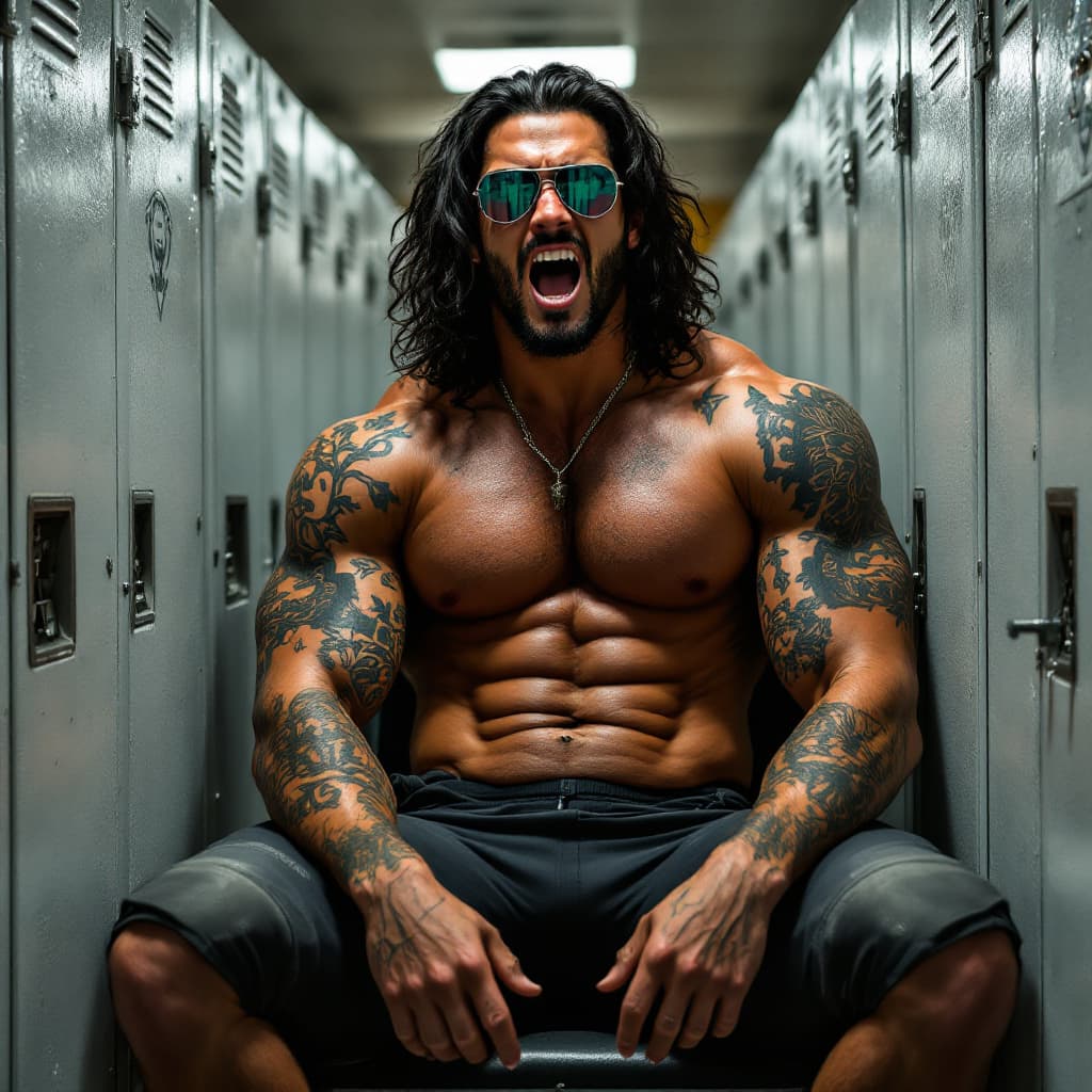 AI generated: Mark in the locker room, dumb college football player, long wavy black hair, green eyes, muscles, pa...
