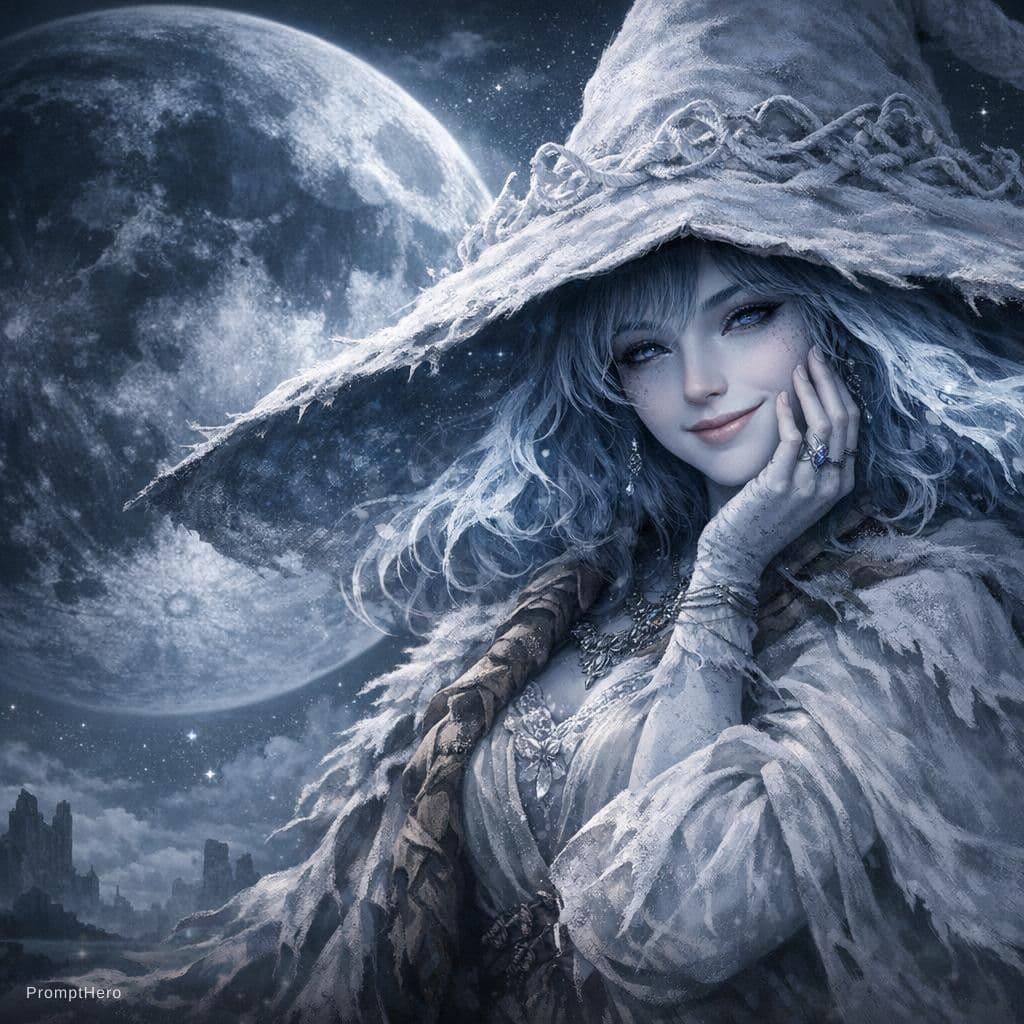 AI generated: elden ring, ranni, smiling, flirty, beautiful, wallpaper, very high detail, 21:9 aspect ratio, large...