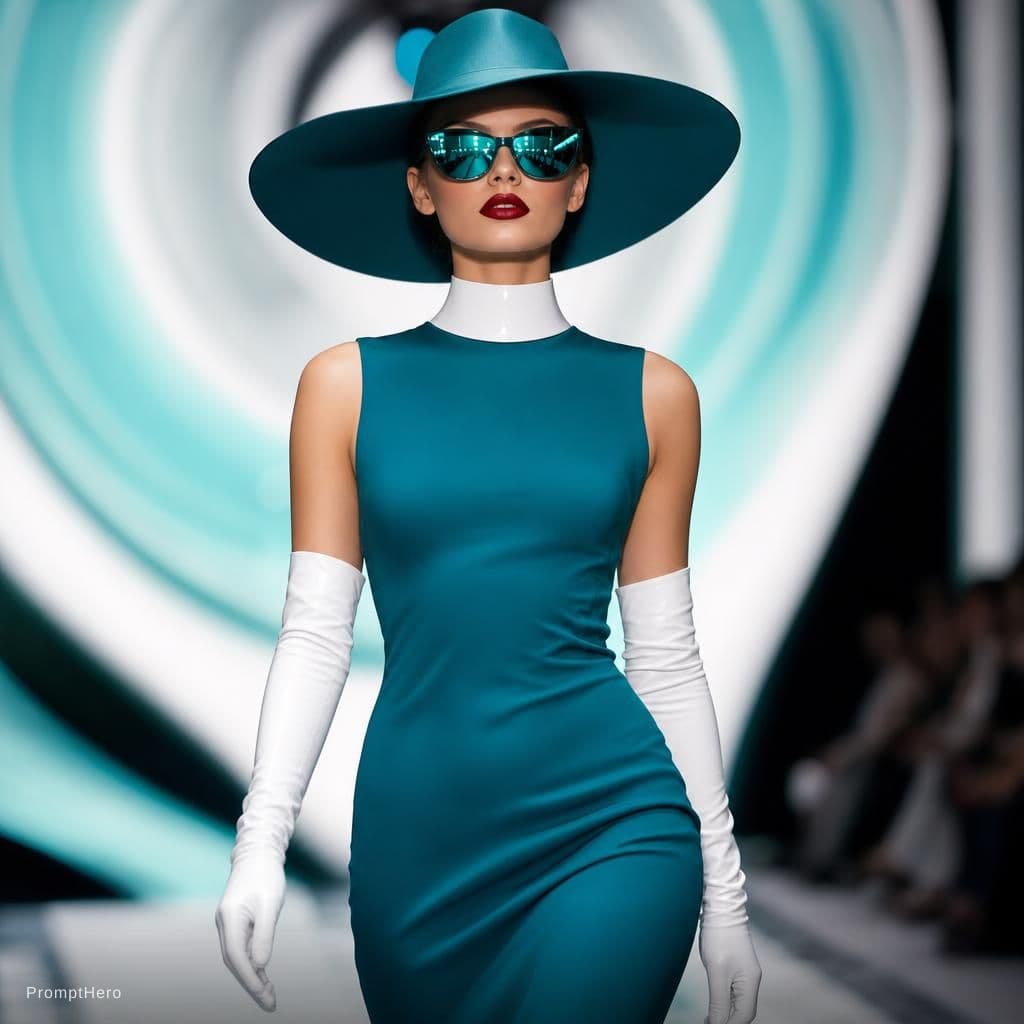 AI generated: {
  "scene": {
    "location": "fashion runway or high-end editorial set",
    "lighting": {
   ...