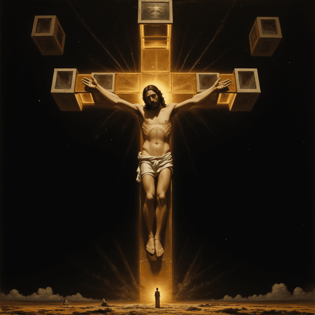 AI generated: A monumental crucifixion in the style of Salvador Dalí's Corpus Hypercubus, depicting Christ upon th...