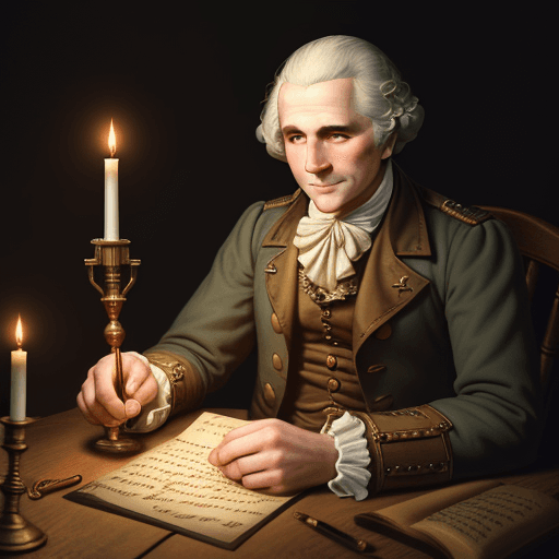 AI generated: size 16:9 steampunk style high resolution Animation shows George Washington writing a letter by cand...