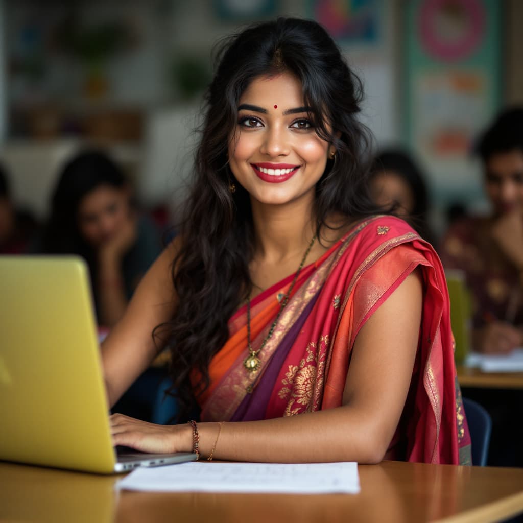 AI generated: A hot indian aunty in classroom
