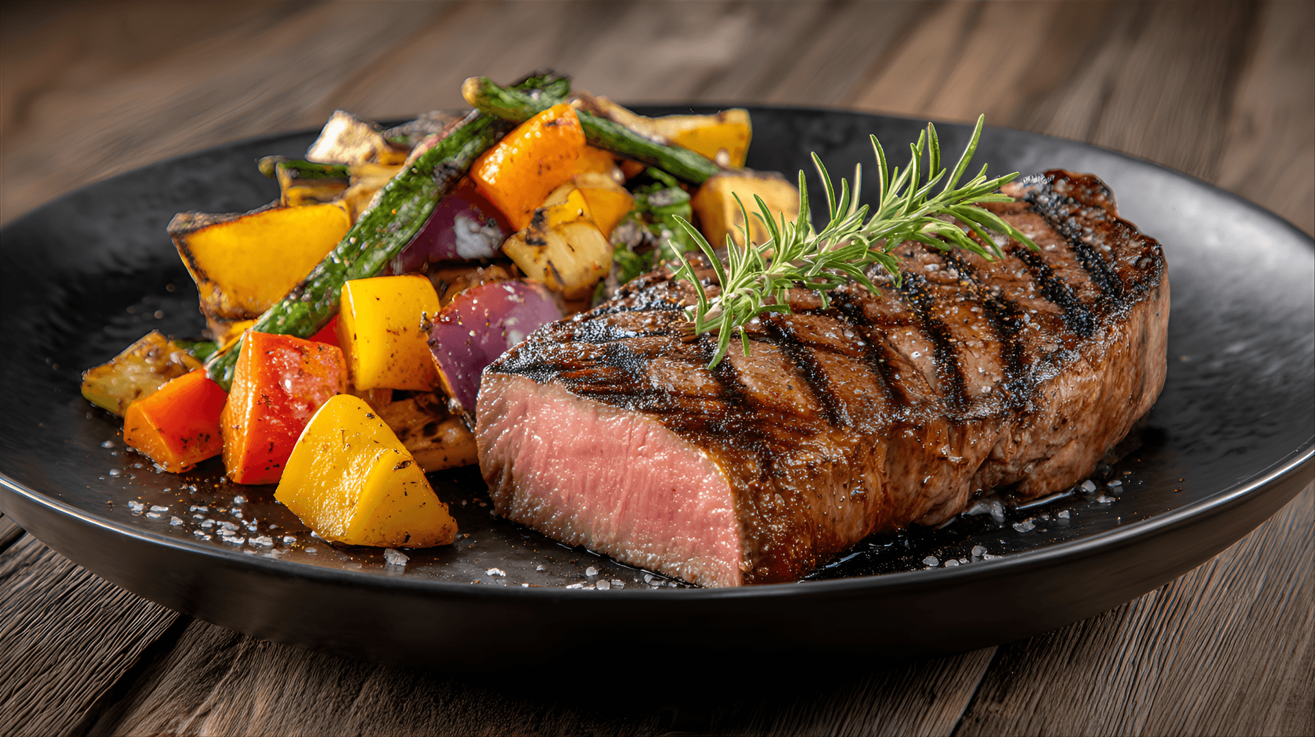 AI generated: perfectly grilled steak with grill marks, served with a side of roasted vegetables, against a rustic...
