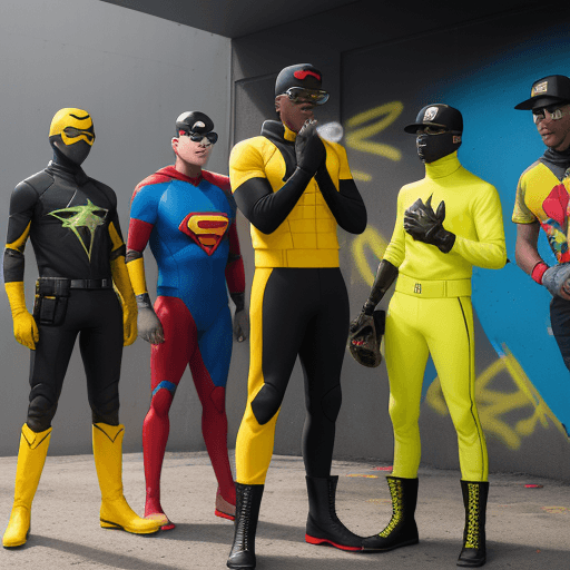 AI generated: WE ARE SEEING FIVE DIFFERENT JOHN BOYEGA'S MALES IN A RED, BLUE, YELLOW, GREEN, BLACK SPANDEX SUITS,...
