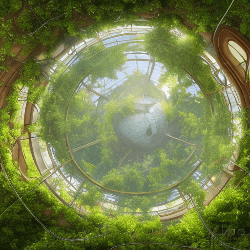 AI generated: photograph of inside a retrofuturistic and steampunk domed utopia city, overgrown with thick vines, ...