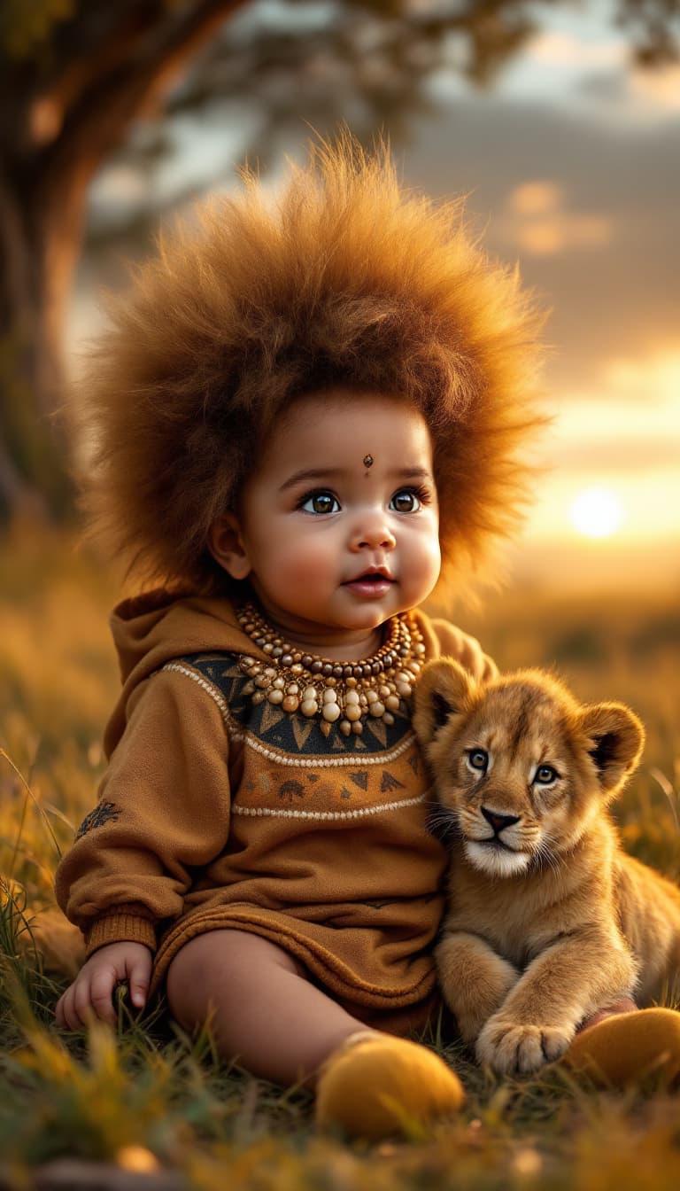 AI generated: A hyper-realistic image of a baby dressed in an African lion-themed outfit, featuring warm golden to...