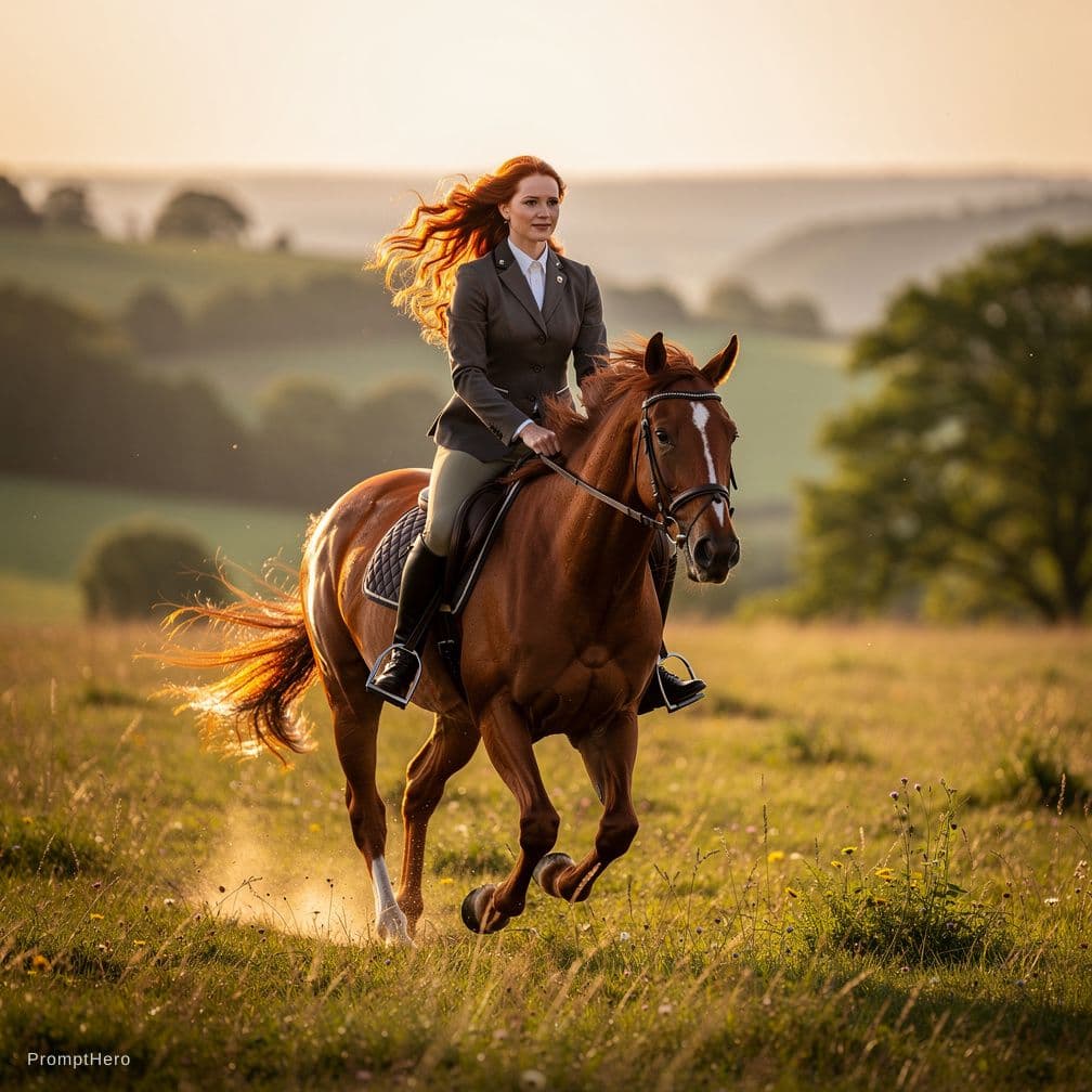 AI generated: Beautiful nude redhead riding a horse at a slow gallop
