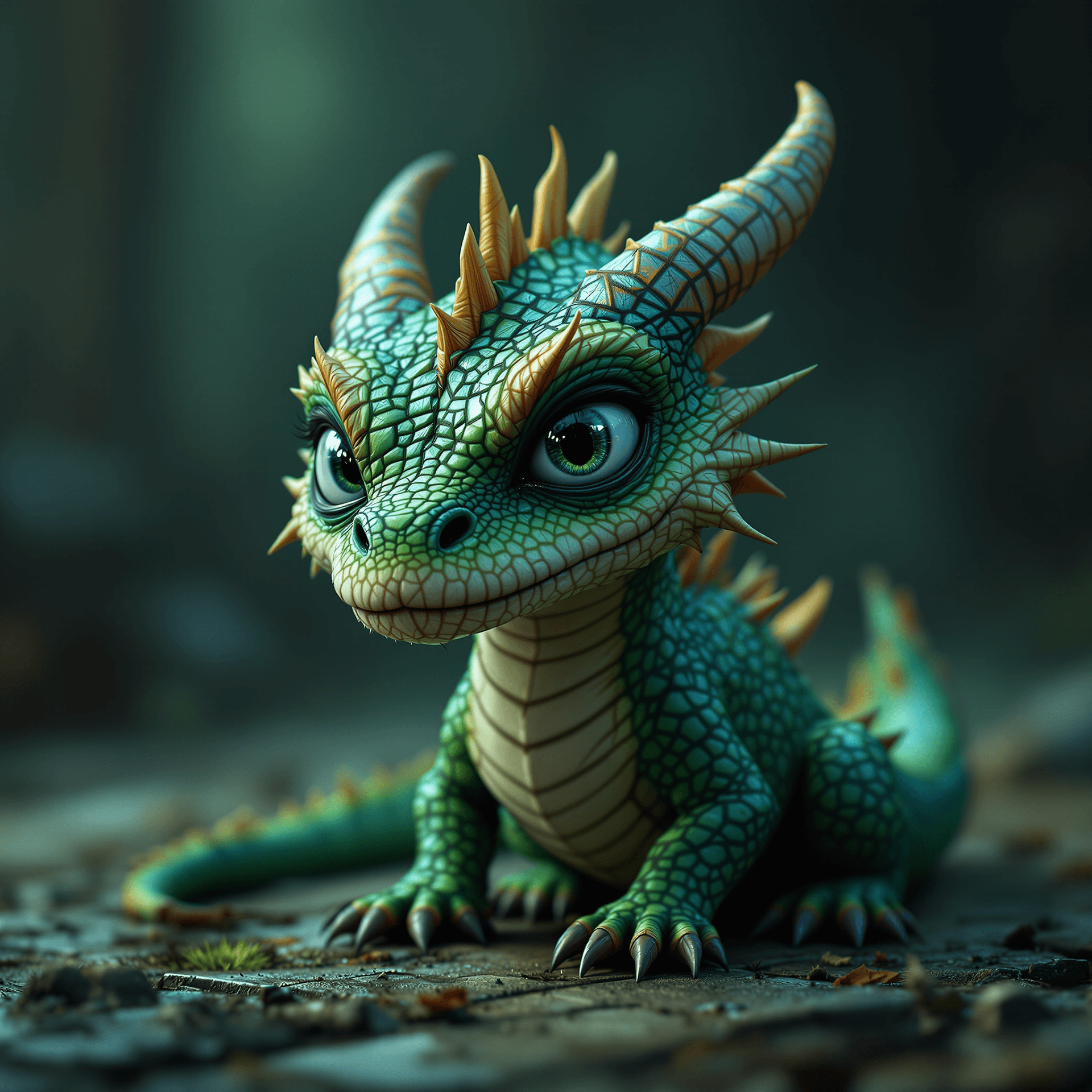 AI generated: stunning image of a cute adorable tired looking wacky dragon, moody, grainy, noisy, green and blue h...