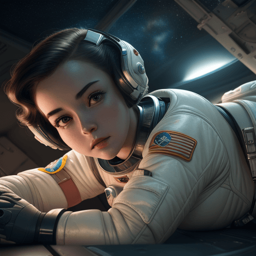 AI generated: Photo of a ultra realistic, dramatic light, young woman laying on their side in a 1950s spacesuit, c...