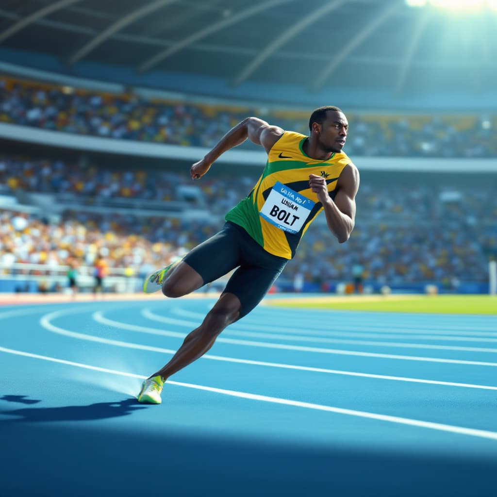 AI generated: A male sprinter resembling Usain Bolt is sprinting in a 100-meter race. He is wearing an Olympic 201...