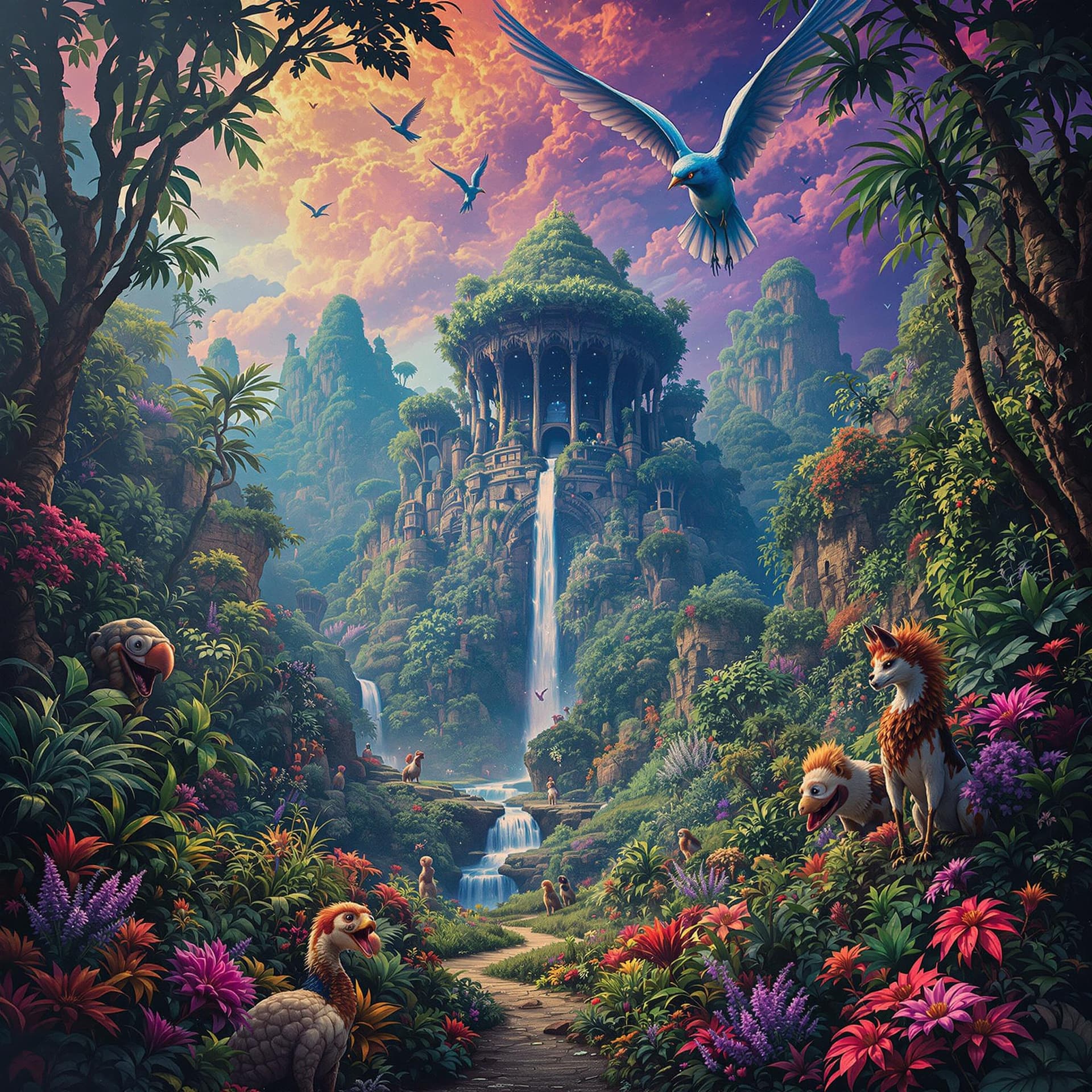 AI generated: A distant ancient land that has been hidden in the jungle for centuries with strange plants, and bir...
