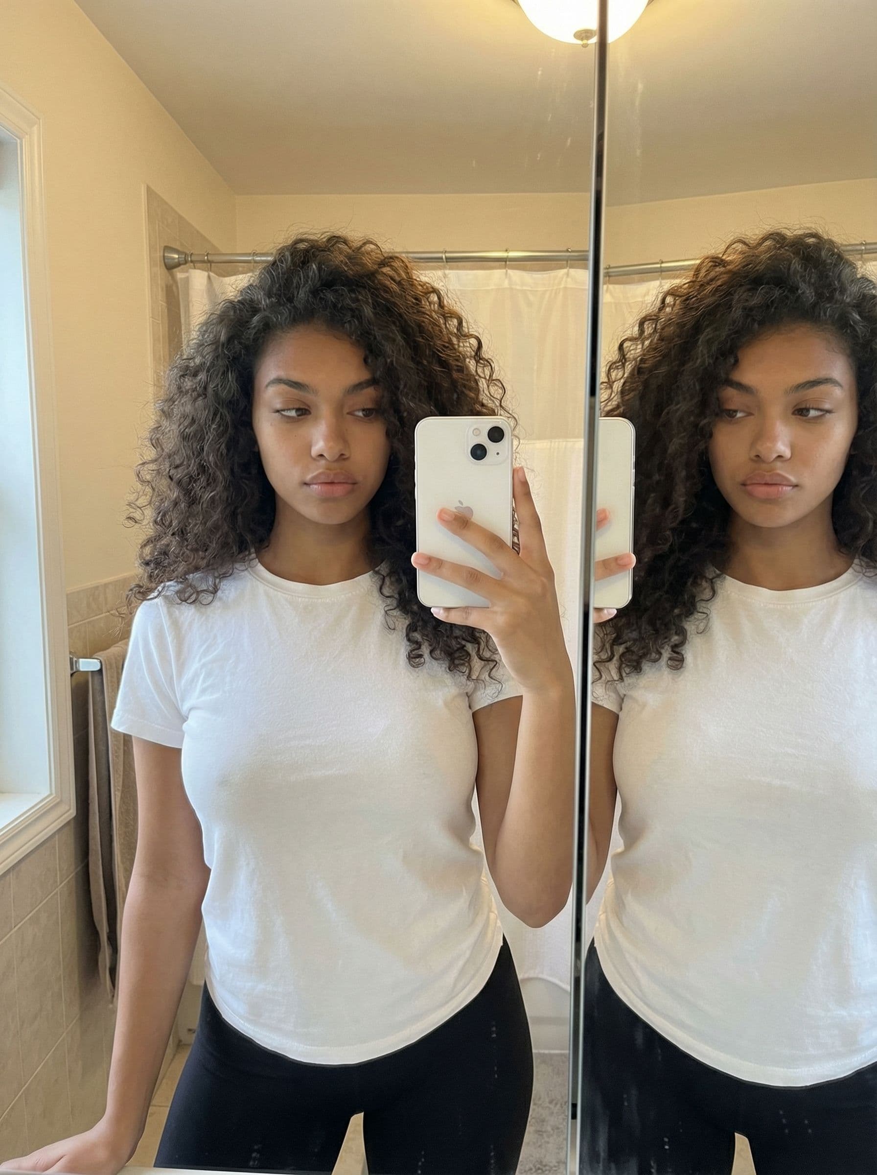 AI generated: An image of a mulatto girl with curly hair, approximately 20-22 years old, with a B-cup breast, taki...