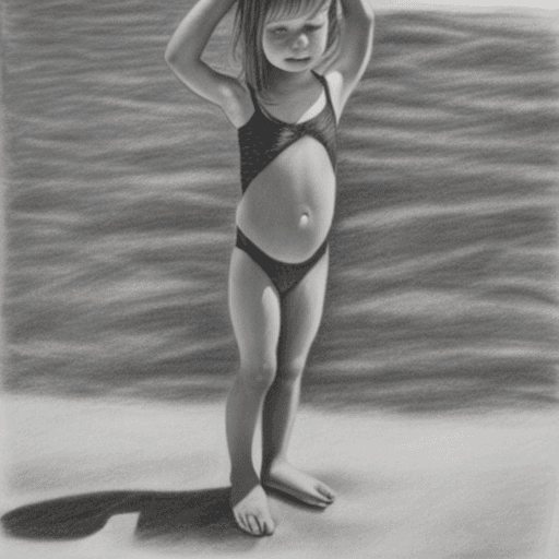 AI generated: drawn in pencil by a child. The drawing features a single slim model in a swimsuit, a stage with a s...