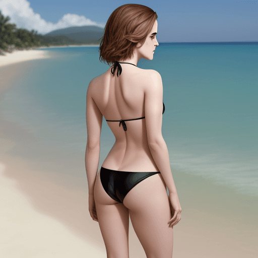 AI generated: emma watson, photo realistic, full body, head to toe, from behind, in a bikini, seductive look, in a...