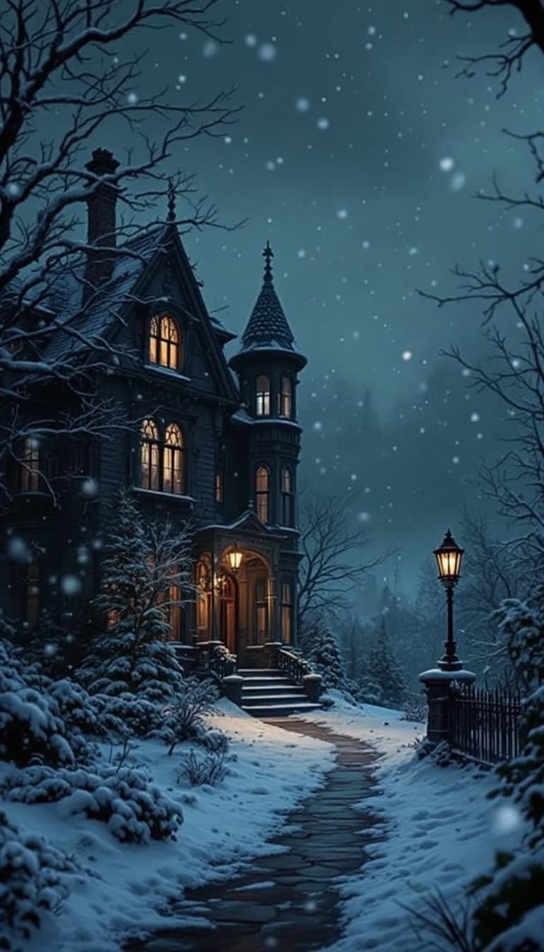 AI generated: Design an image in a Penny Dreadful comic style. of a  A quiet Victorian-style home, dimly lit. Snow...