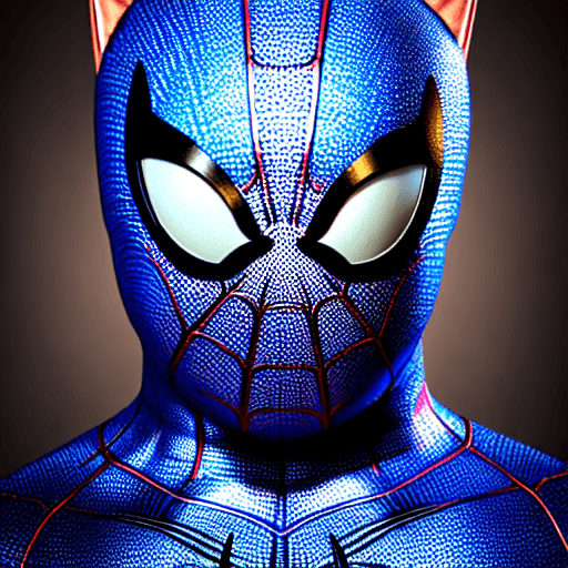 AI generated: cat head anthropomorphic humanoid body, marvel movie poster, spiderman character, blue spiderman sui...