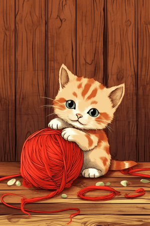 AI generated: cute kitten playing with a ball of string on rustic wooden background, Studio Ghibli, vector, intric...