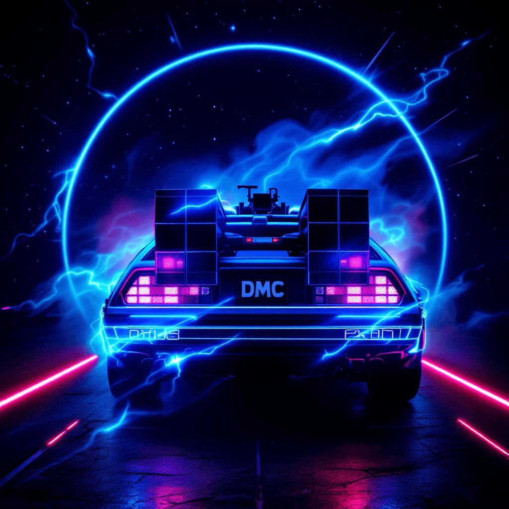 AI generated: An image for back to the future day, october 21 2015. Made in neon, with a close up of the dmc logo ...