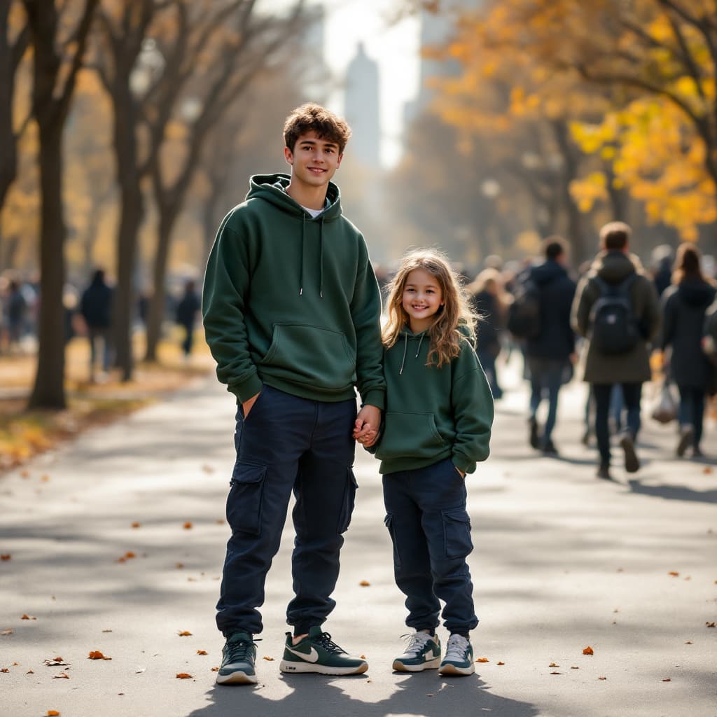 AI generated: photography, snap shot, distance range, cute boy and girl model, full-body, standing while holding h...
