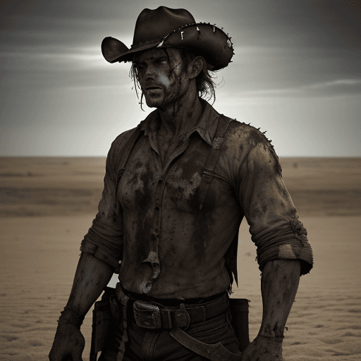 AI generated: Cowboy looks at the enemy, stands after the battle, fear and horror on his face, tired and beaten, s...