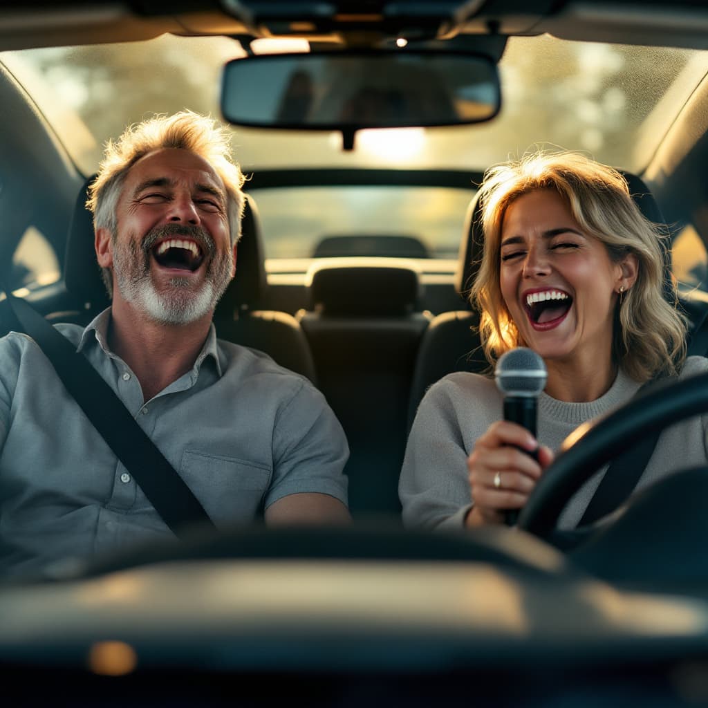 AI generated: A middle-aged couple of friends singing passionately inside a car cabin, both looking relaxed and jo...