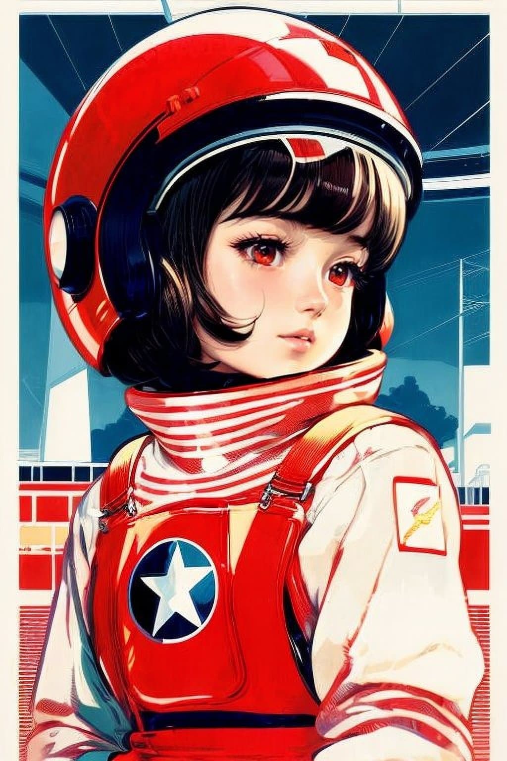 AI generated: young girl in a sci-fi suit (tight overalls), style Soviet poster, USSR poster, hammer and sickle in...