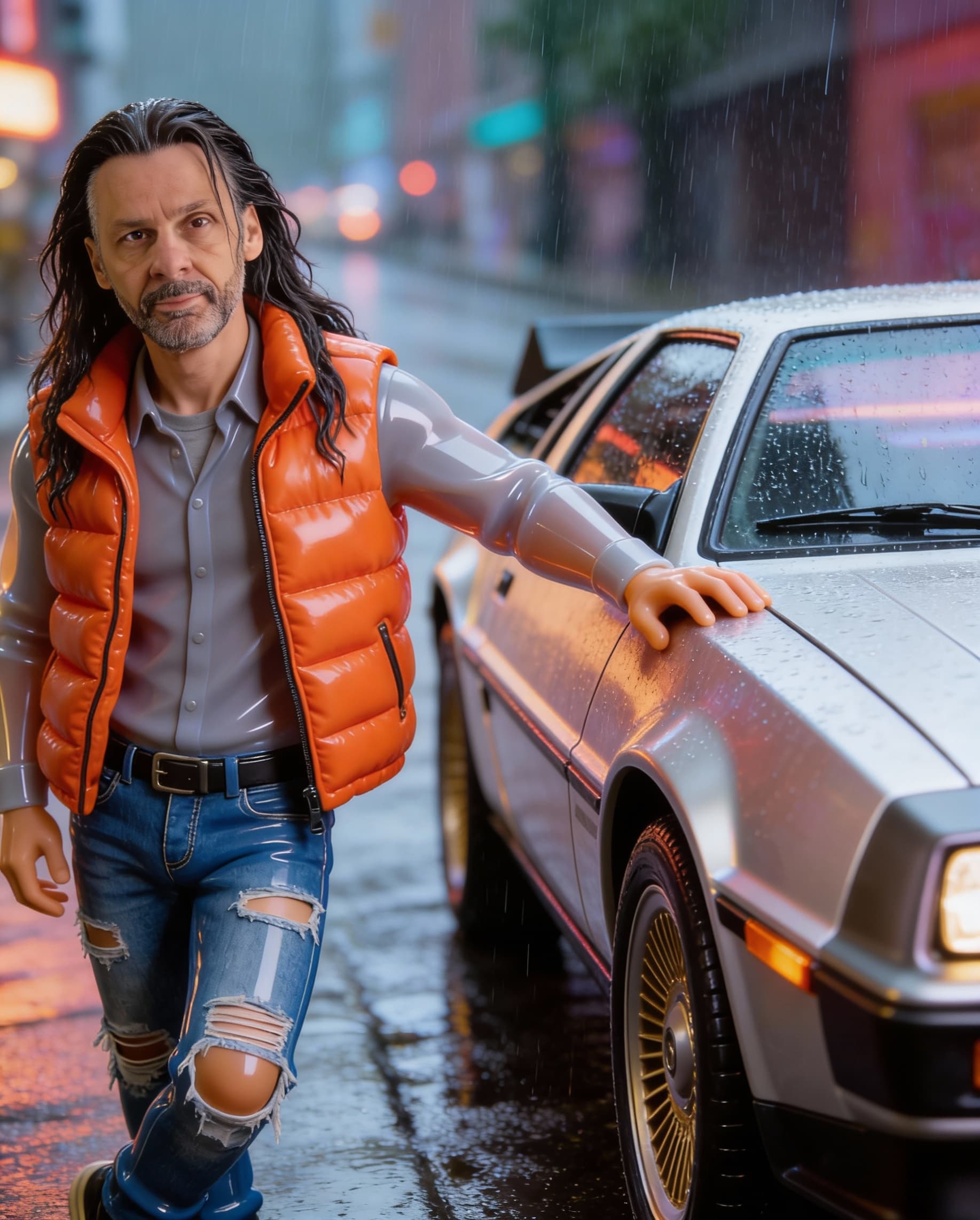 AI generated: adult rocker man with long hair (use attached image for precise facial features), wearing a puffy or...