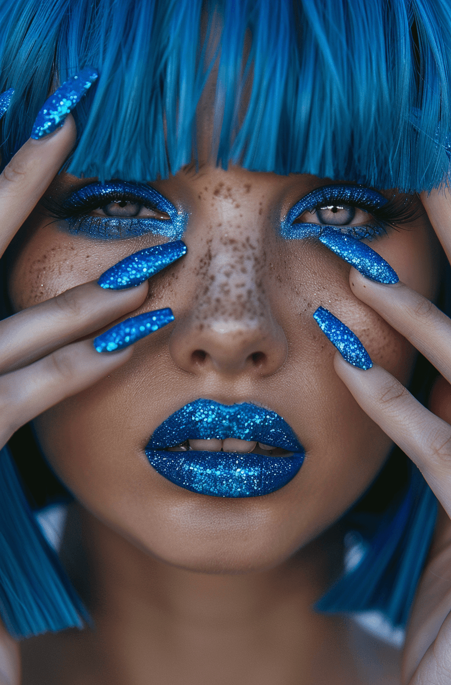 AI generated: model with blue bob hair, fashion photography, blue glitter lips and nails, holding her face --v 6.0...