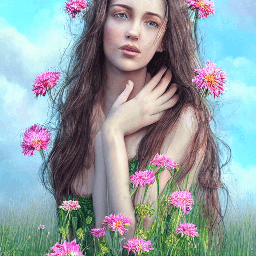 AI generated: hyperrealistic full length portrait of gorgeous girl | naked | standing in field full of flowers | d...