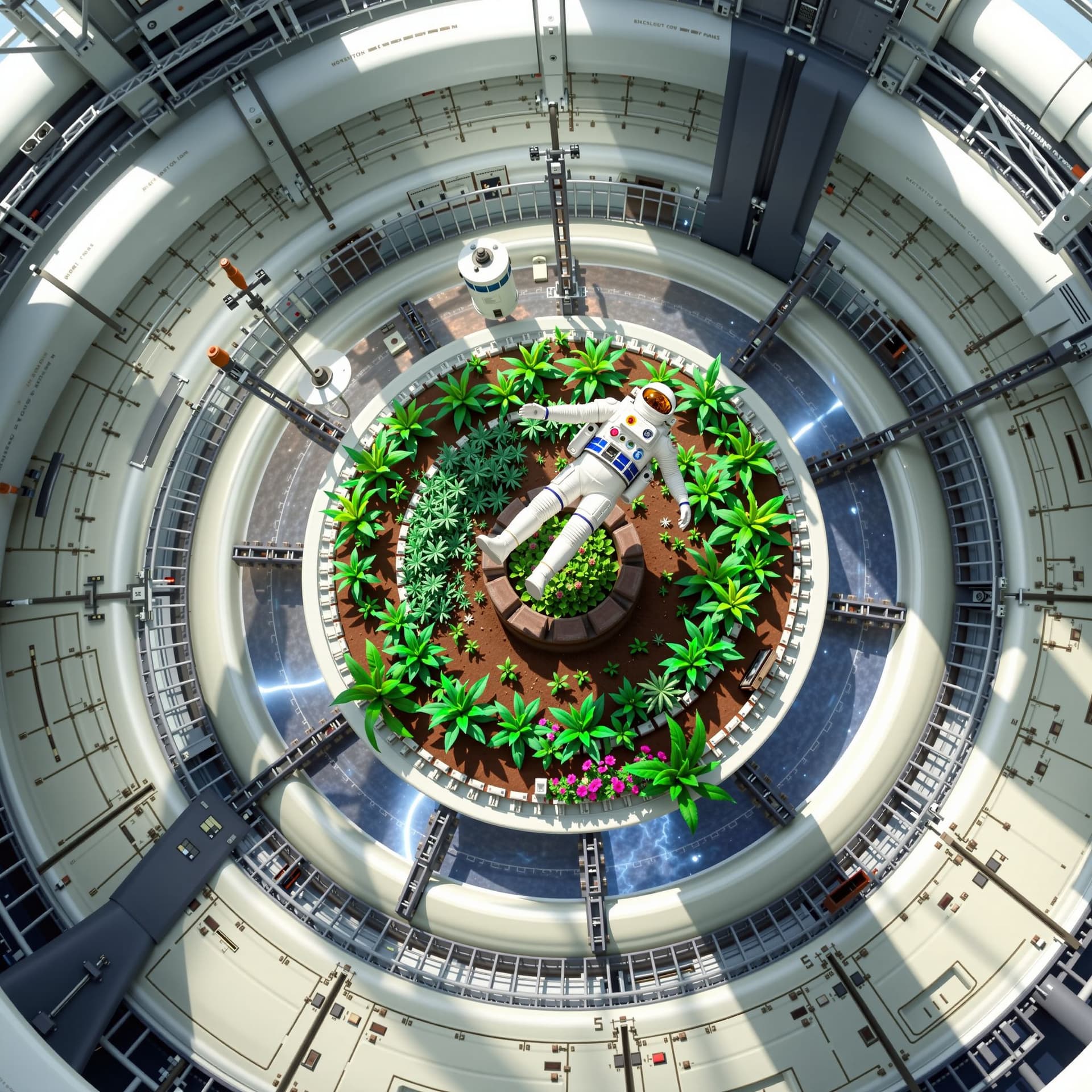 AI generated: A circular space station garden, astronauts floating with calm precision, plants orbiting silently, ...
