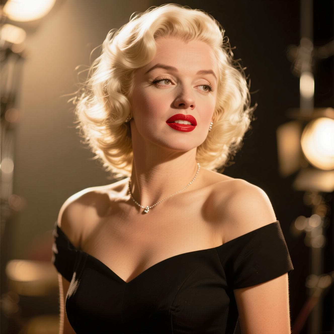 AI generated: The image is a portrait of Marilyn Monroe. She is wearing a black off-the-shoulder dress with a swee...