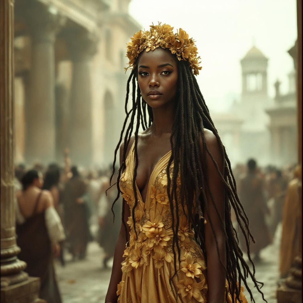 AI generated: Bustling Ancient Roman city. A bride with long flowing dreadlock hair. She is wearing a gold dress m...