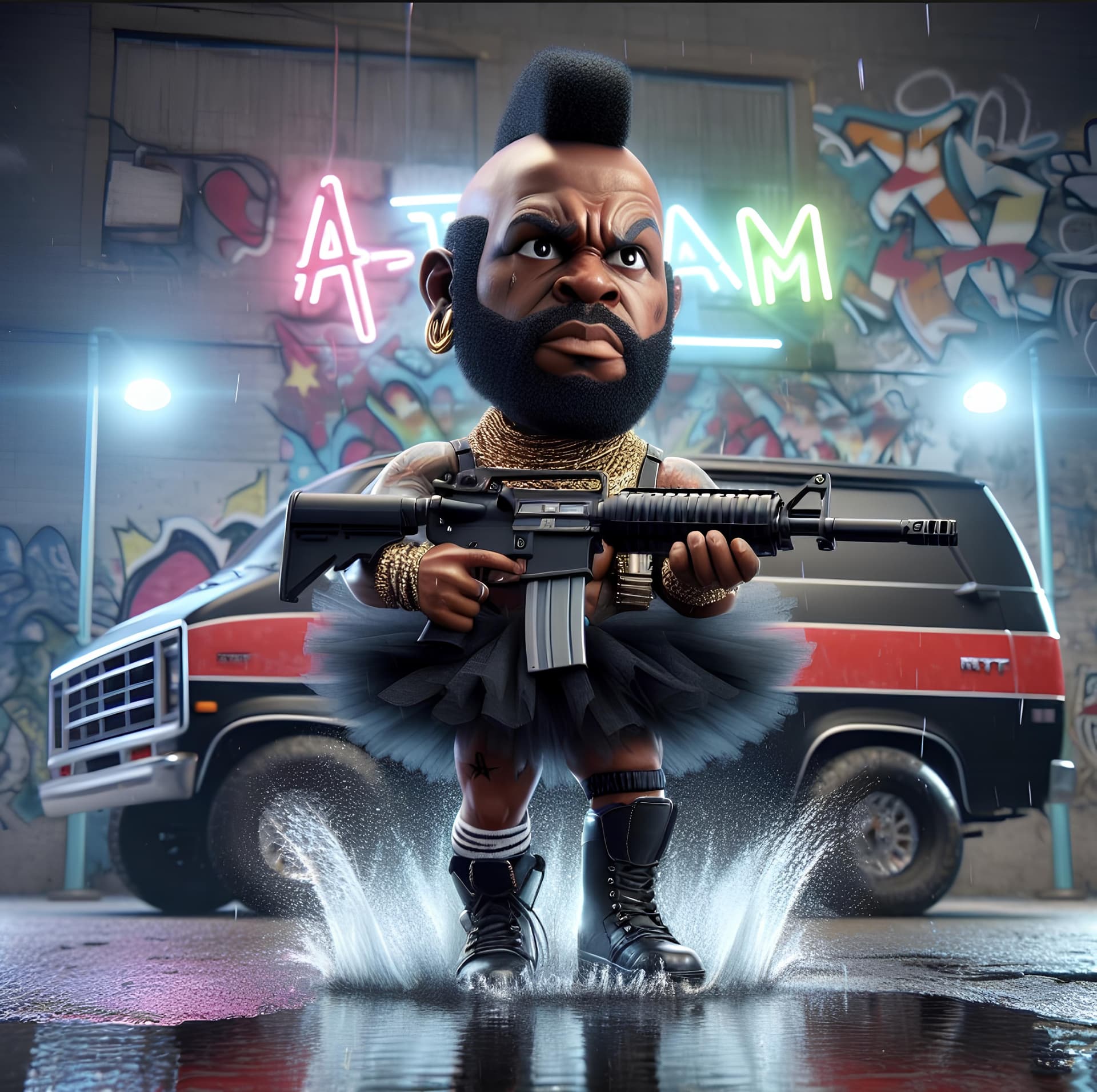 AI generated: Mr T wearing a black tutu holding a Colt AR-15 SP1 jumping in water , graffiti background with the A...